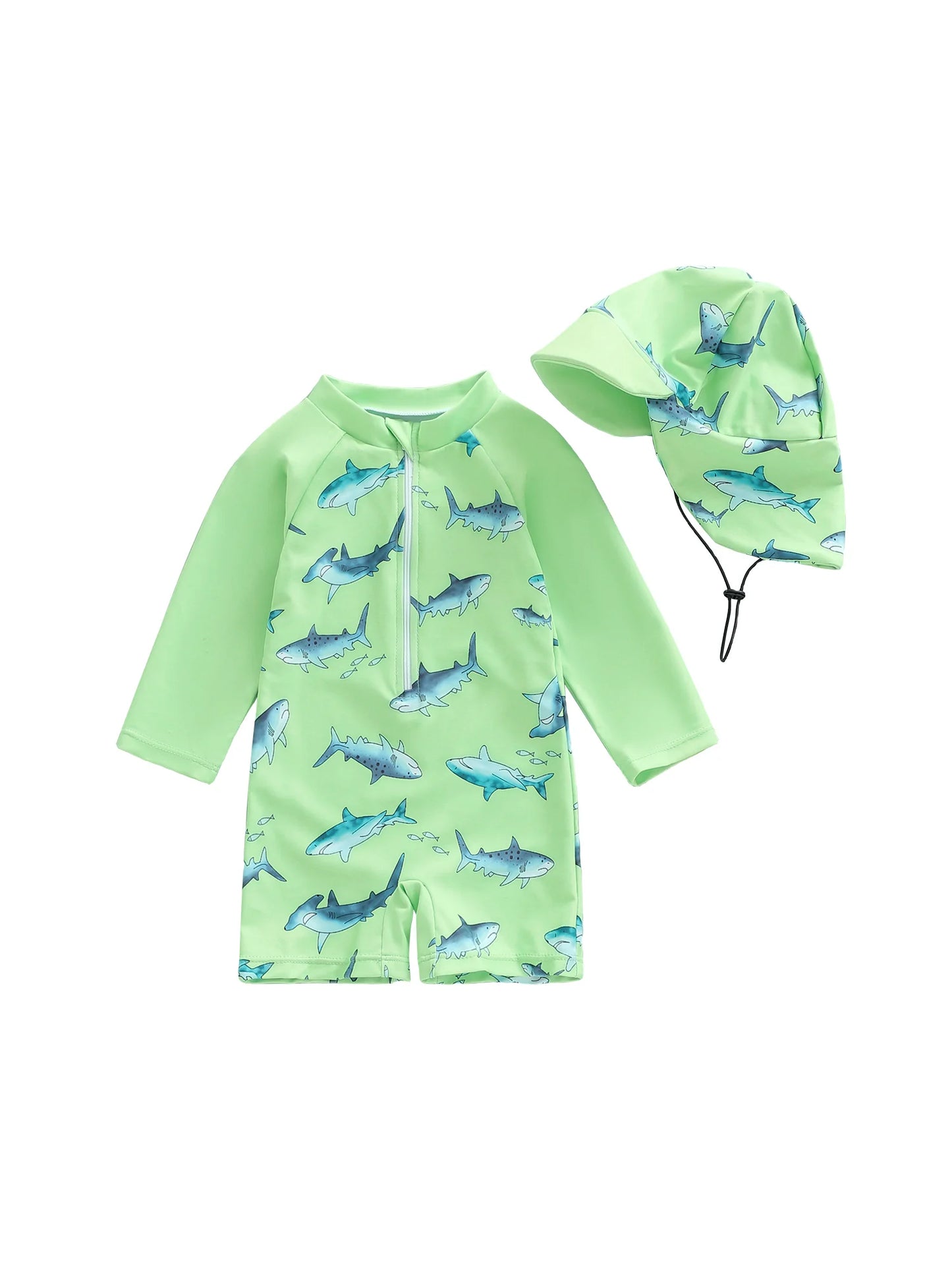 Baby Boys  Rash Guard Swimsuit with Shark Print and Zipper Closure. Long Sleeve Bathing Suit with Matching Swim Cap for Summer Fun