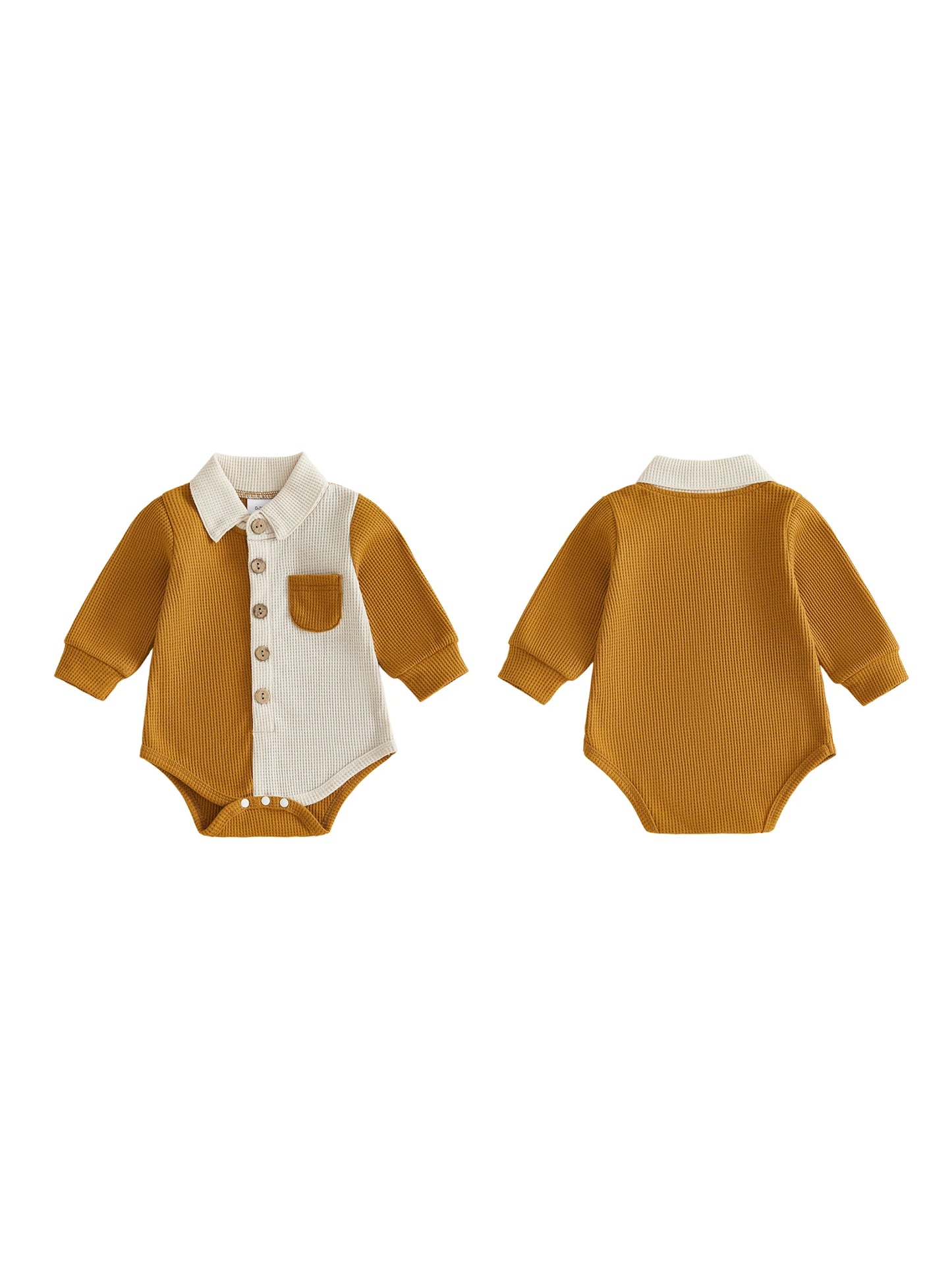 Long Sleeve Button-Up-Romper for Baby-Boys-Waffle fabric with Collar brings comfort to baby in cooler weather.
