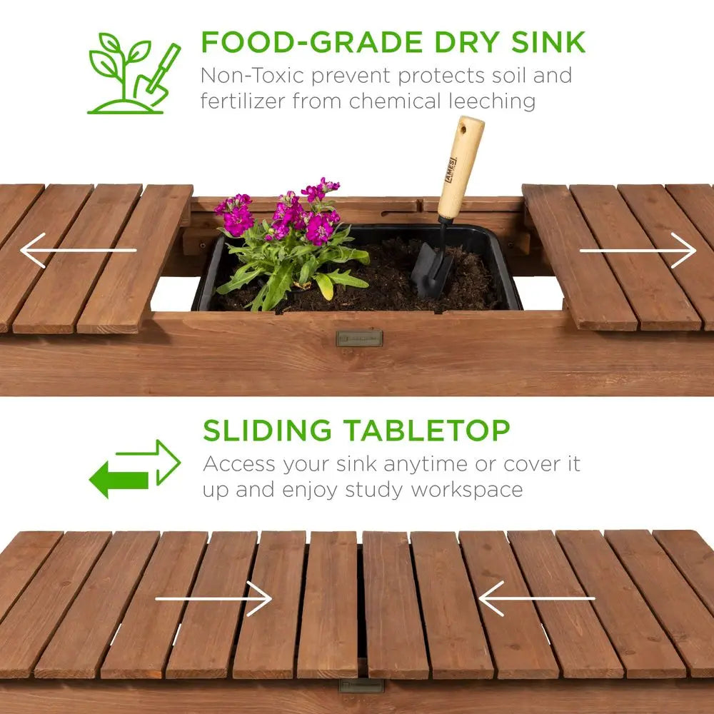 Mobile Garden Potting Bench, Outdoor Wood Workstation Table w Sliding Tabletop, 4 Locking Wheels, Food Grade Dry Sink, Storage