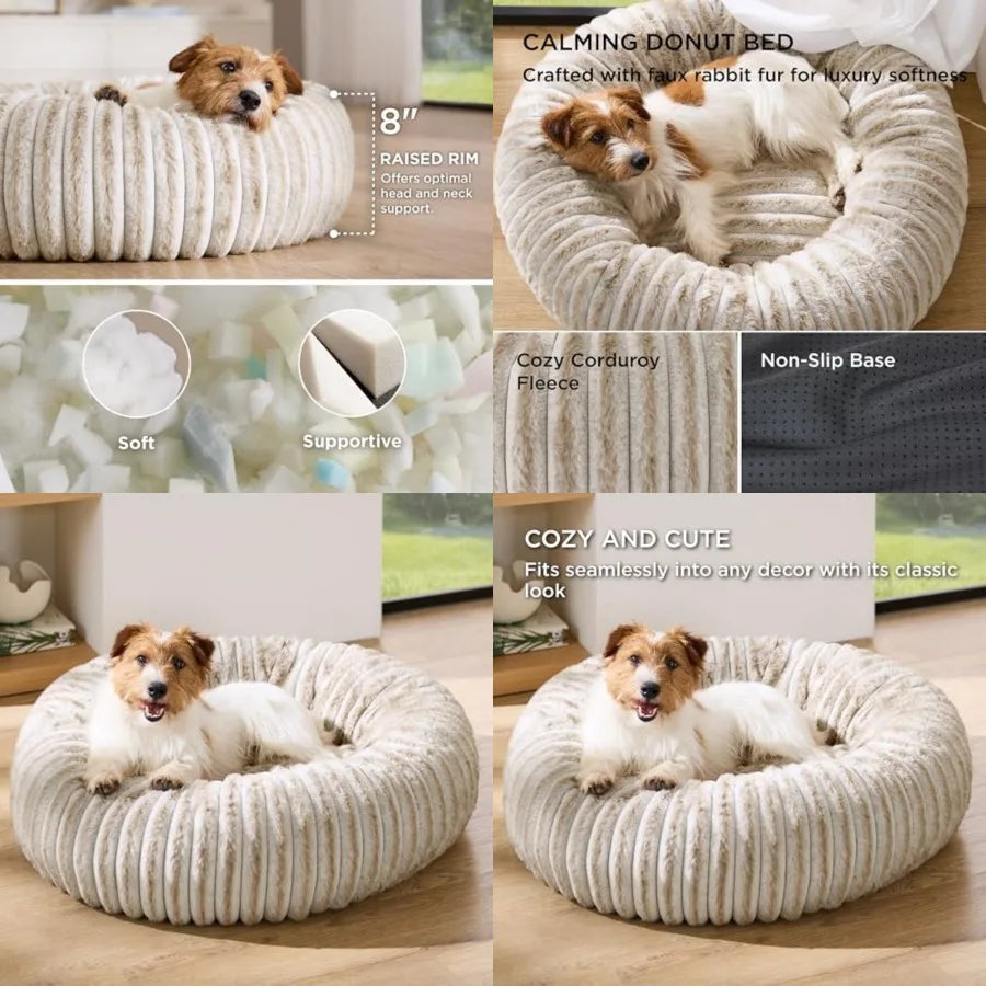 Medium Plush Dog Bed - Washable Faux Fur with Corduroy Fleece and Anti Slip Bottom, Pet Bed with Removable Cover