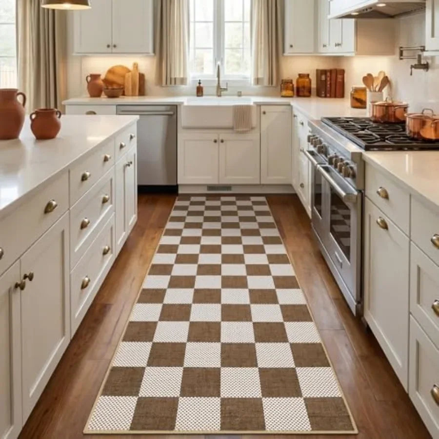 Checkered Washable Kilim Rug Geometric Neutral Boho Low Pile