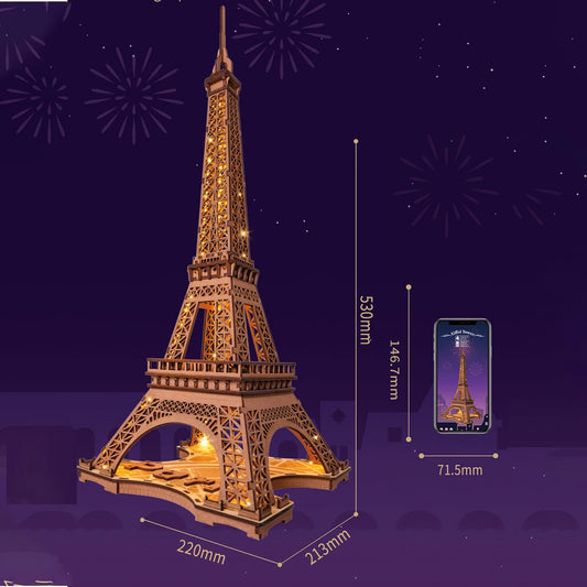 3D Wooden Eiffel Tower Puzzle for Game Night or Family Time. DIY Craft Kit, Great Gift with Light