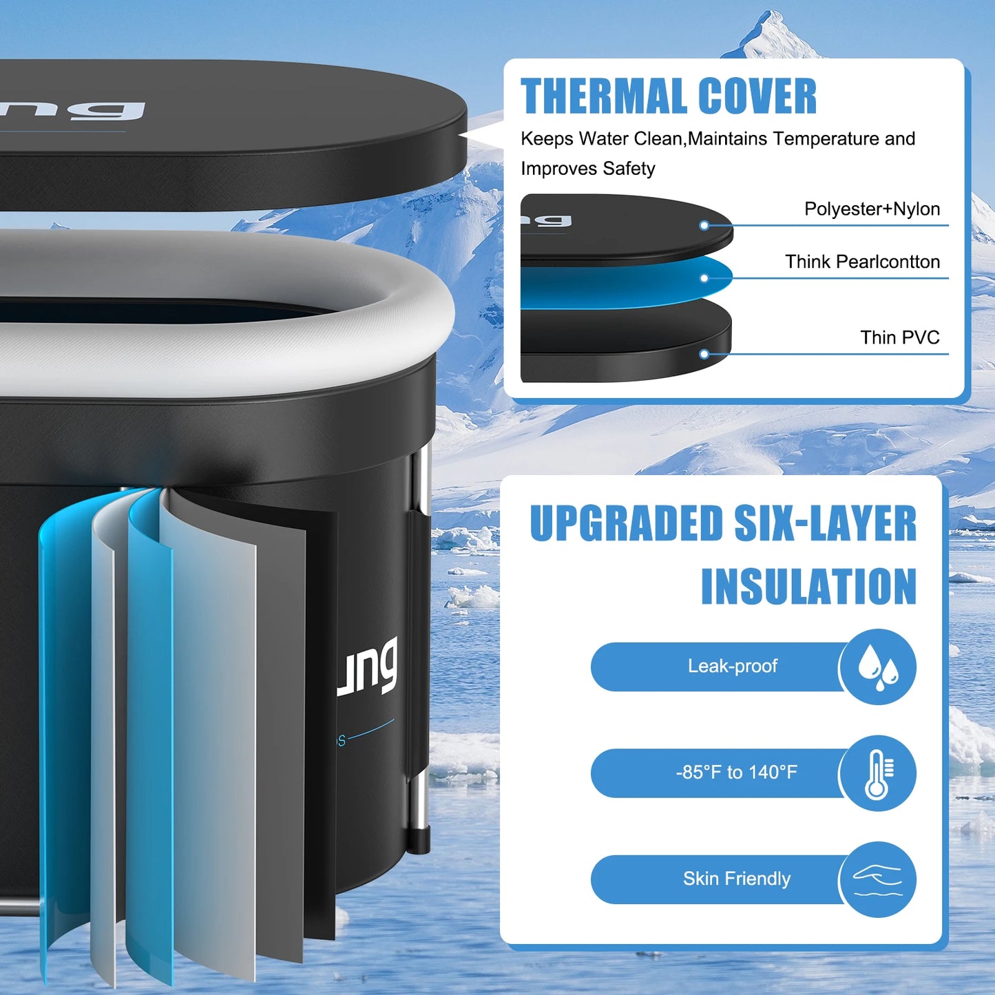 Ice Bath Tub for Athletes, 141 Gal XXL Large Oval Cold Plunge with Padded Inflatable Rim. Cold Tub with Cover, Portable for your Wellness.