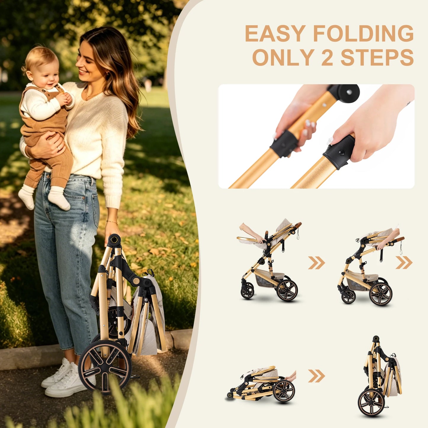 2 In 1 Baby Stroller Foldable Carriage With Reversible Bassinet