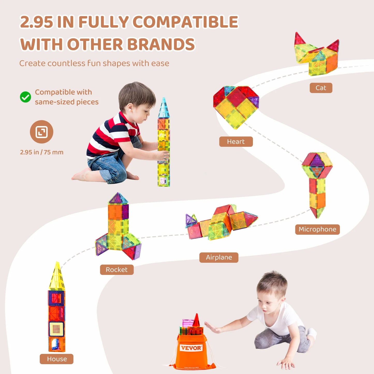 55pcs Magnetic Building Blocks Construction Set. Magnet Tiles for Preschool Girls and Boys who love to Build, as an Intro to STEM Learning.