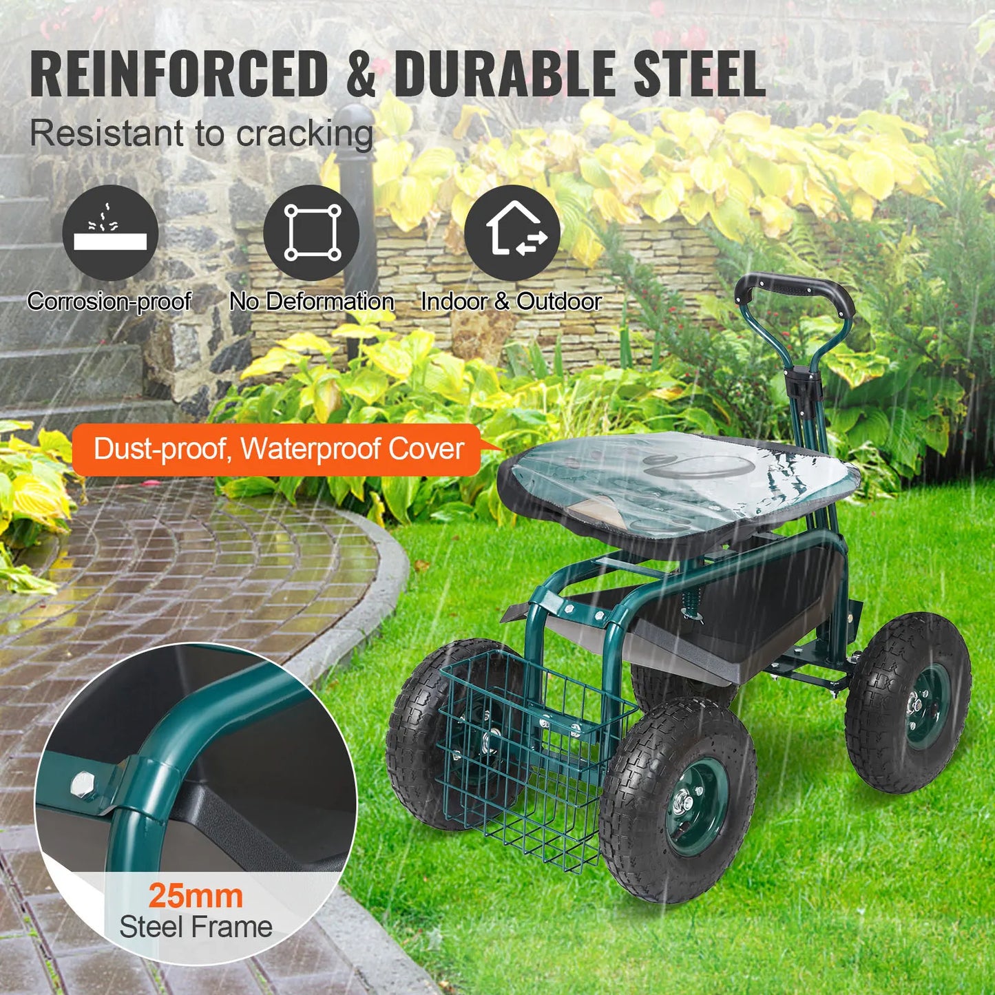SucceBuy Garden Cart Rolling Workseat With Wheels Swivel Seat