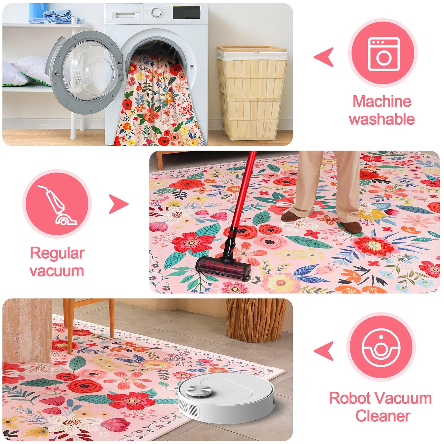 Boho Floral Pattern Non Slip Polyester Rug- Machine Washable, Adding Color to Family Spaces