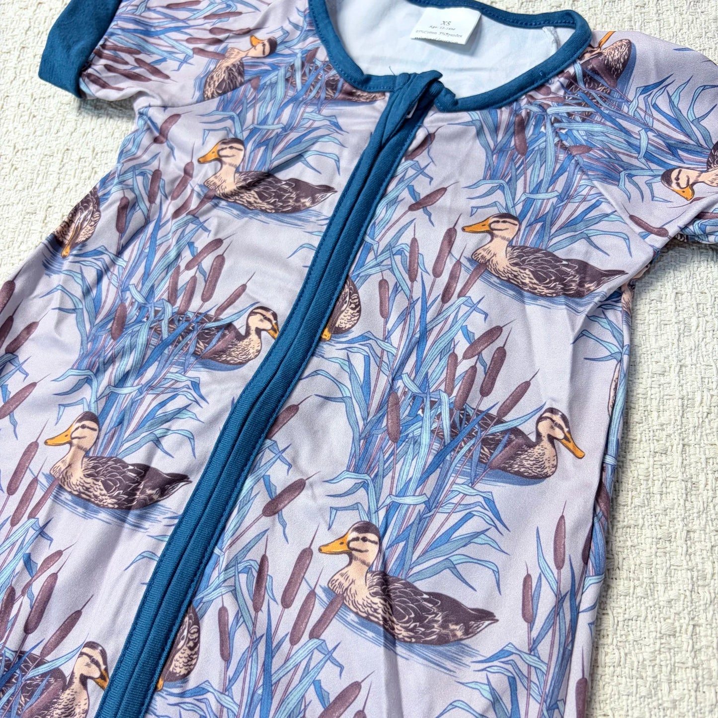 Baby Boy Summer Romper with Short Sleeves and front zipper. Duck Design, Sibling Outfits Infant to Toddler.
