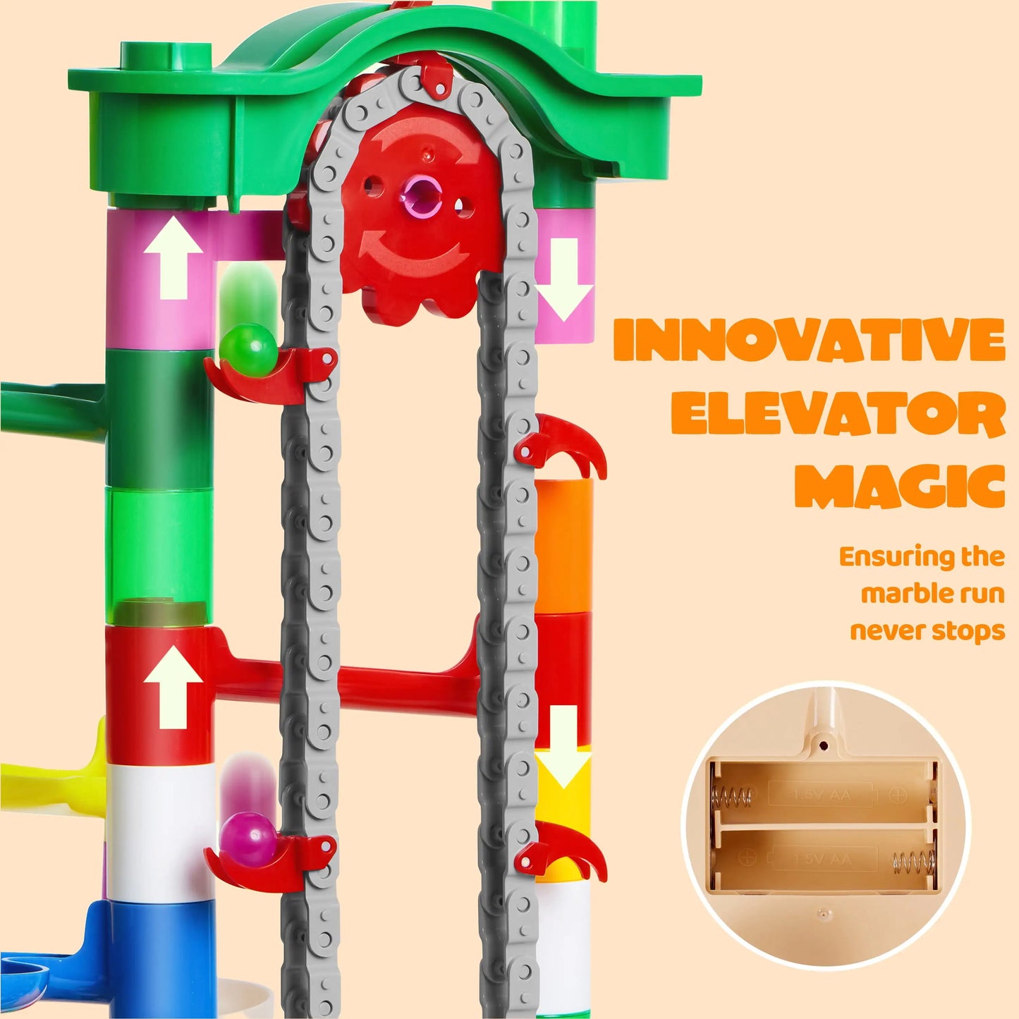 236 Pcs Glowing Marble Run with Motorized Elevator.  Construction Building Blocks. A STEM Educational Toy Set for Kid Ages 4-8