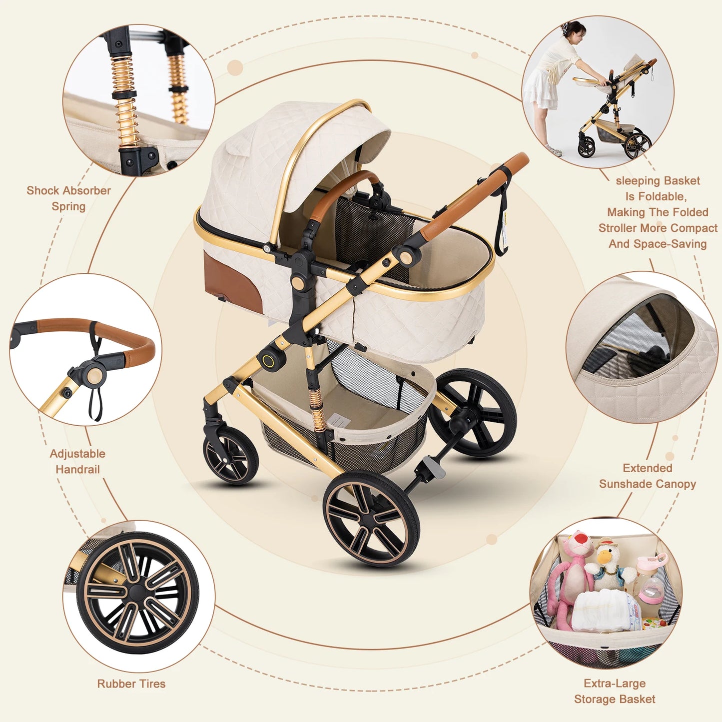 2 In 1 Baby Stroller Foldable Carriage With Reversible Bassinet