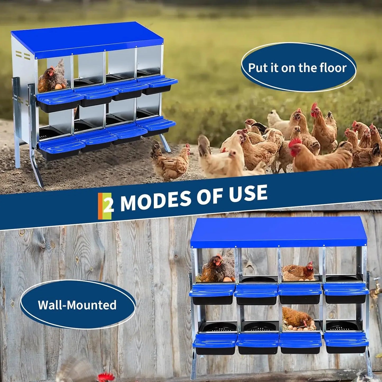 Chicken Nesting Box, Roll Away Design Hen Roosting Box for High-Volume Egg Collection Case with Metal Legs or Wall Mounting