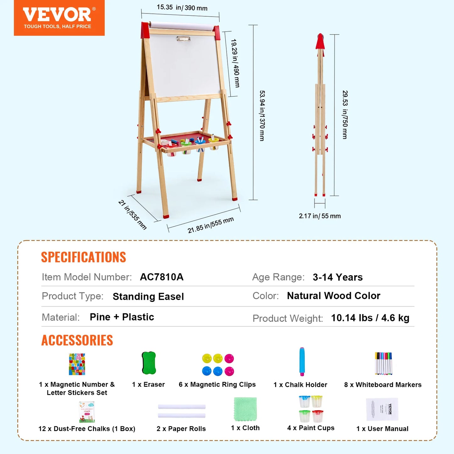 Adjustable Children's Magnetic Drawing Board, Wooden Double-Sided Art Easel with Whiteboard - Chalkboard for creative play.