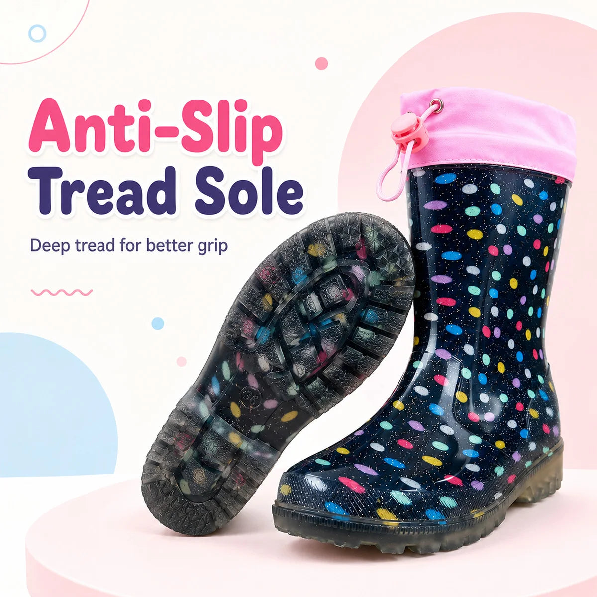 Polka Dot Glitter Kids Rain Boots Non Slip Waterproof Wellies