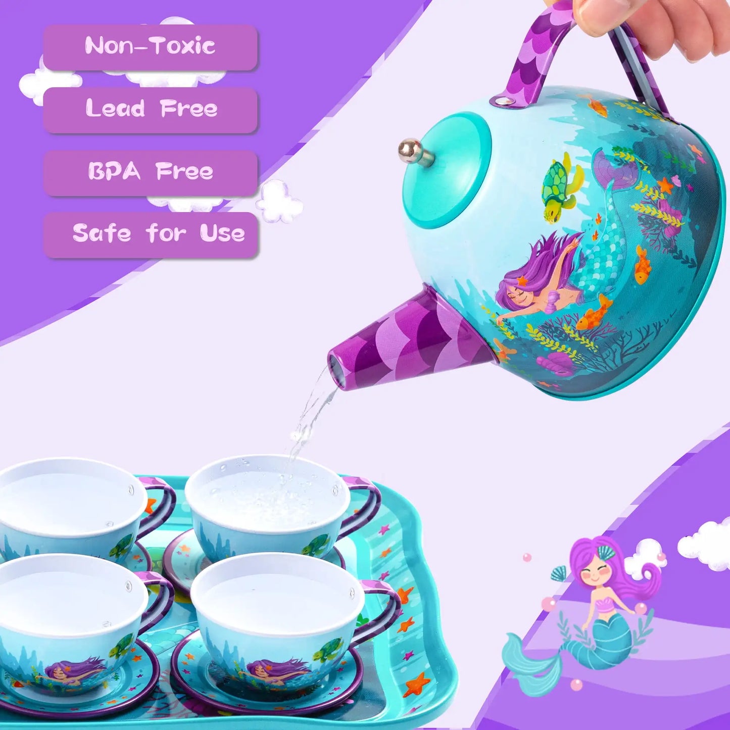 Child's Tea Set, Mermaid Tea Party, for Princess Pretend Play. Tin Teapot, Cups, Plates and Carry Case for  Toddlers to 6 Years Olds