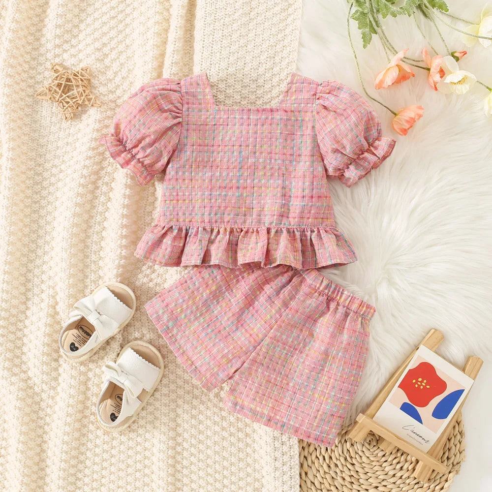 Toddler Summer Baby Girl Cotton Pastel Plaid Bubble Sleeve Top And Shorts Set, Cute for Special Occasions.