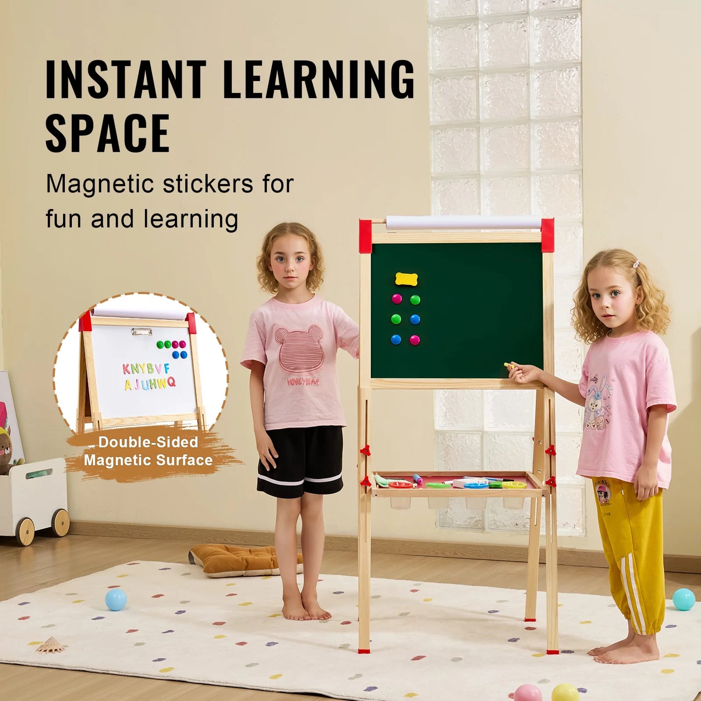 Adjustable Children's Magnetic Drawing Board, Wooden Double-Sided Art Easel with Whiteboard - Chalkboard for creative play.