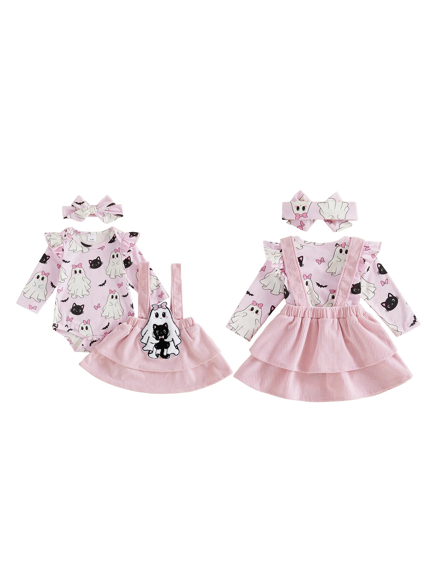 Baby Girl's Long Sleeve Romper for Sweet Halloween Outfit. Pair with tights to complete the look. Order now for October gatherings.