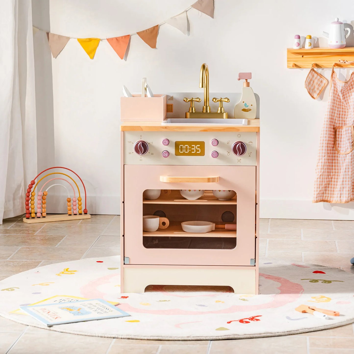 Kid's Kitchen Wooden Playset with Realistic Sound, Promotes Imaginative Play for Boys and Girls, ages toddler to age 7. Great gift for Birthdays and Holidays.