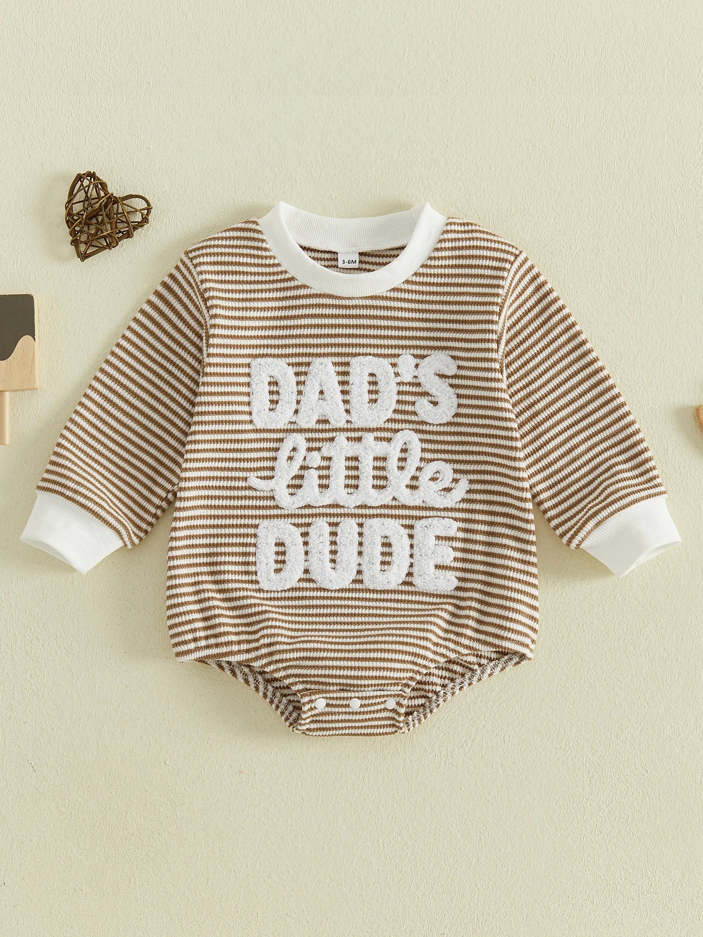 Round-Neck Embroidered Long Sleeve Romper.  Cute for Baby boys and Dads. Infant sizes.