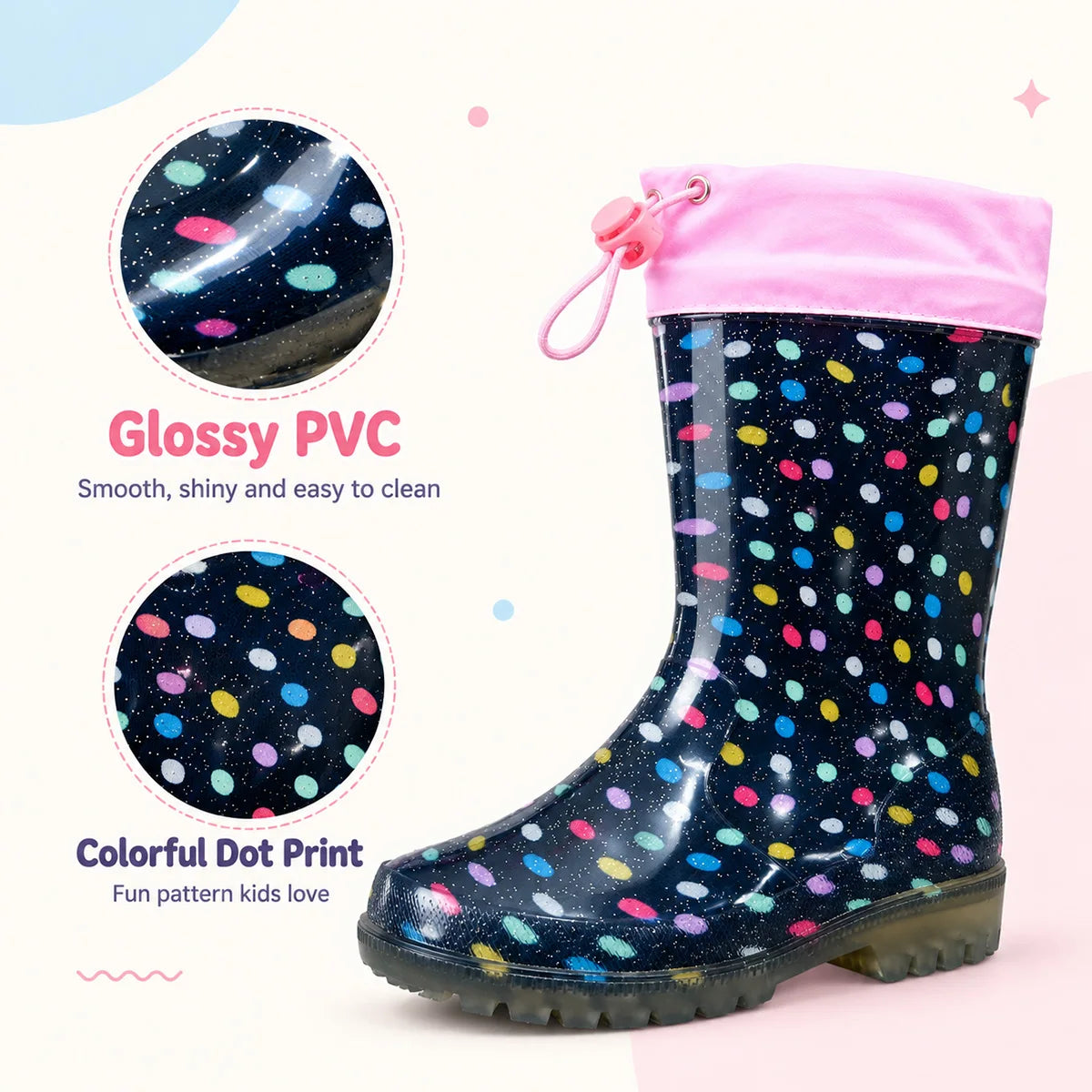 Polka Dot Glitter Kids Rain Boots Non Slip Waterproof Wellies