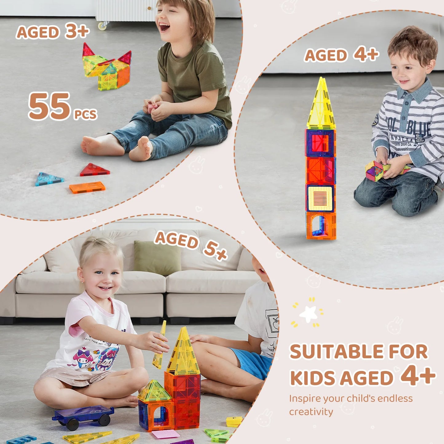 55pcs Magnetic Building Blocks Construction Set. Magnet Tiles for Preschool Girls and Boys who love to Build, as an Intro to STEM Learning.