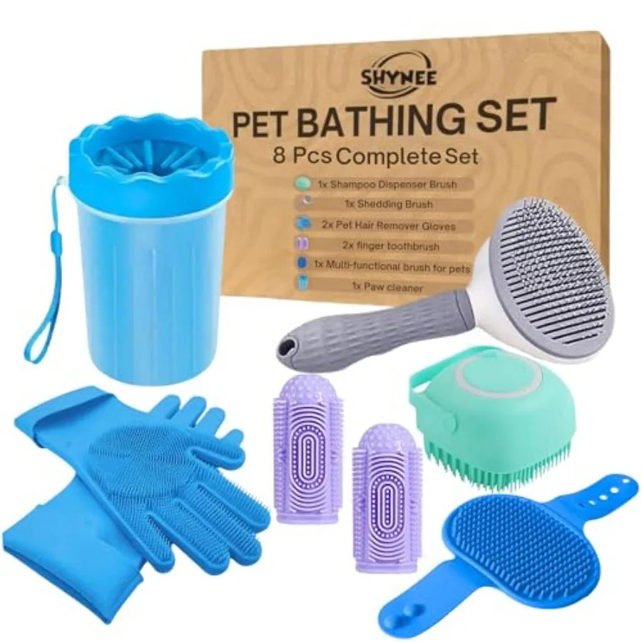 8PCs Dog Grooming Kit - Dog Shampoo Brush Washing Gloves Adjustable Dog Bath Brush Dog Paw Cleaner 2X Toothbrush Dog Scrubber F