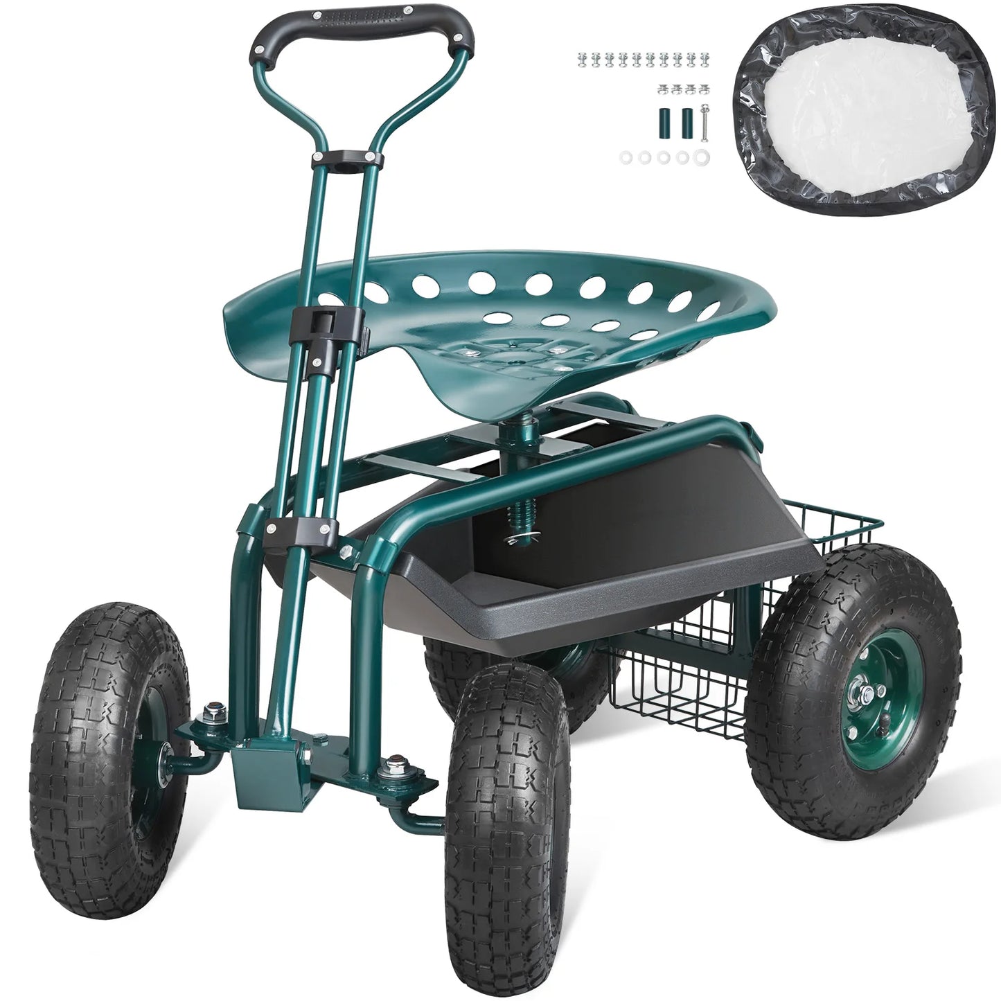 SucceBuy Garden Cart Rolling Workseat With Wheels Swivel Seat