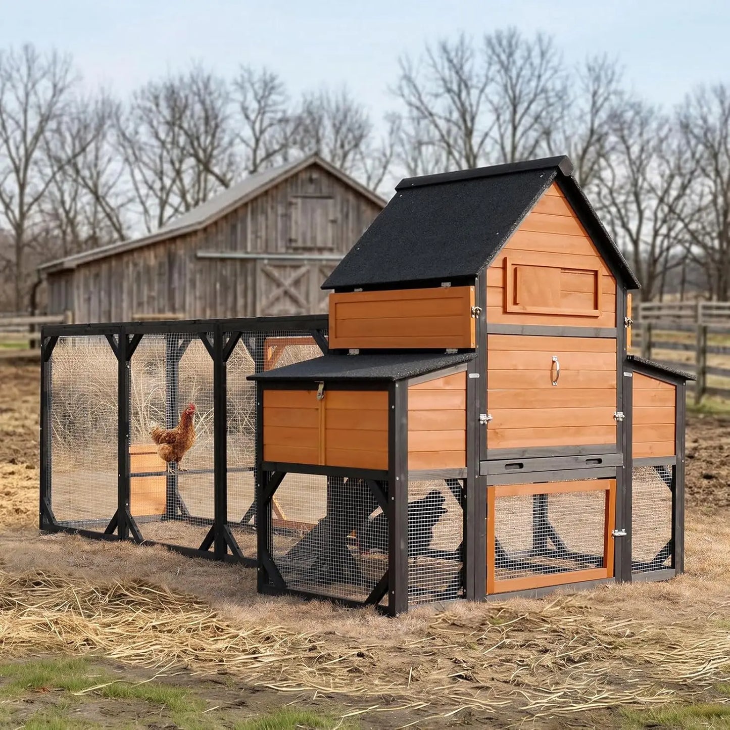 Wooden Chicken Coop With Run For Hens Nesting Boxes Perches