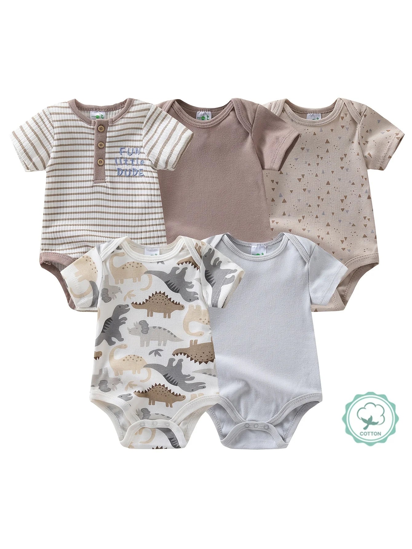 5pcs Baby Boy Short Sleeve Bodysuits,  Cute Dinosaur Cotton Rompers, Infant - 12 months 1pc Jumpsuits, Round Neck Summer Outfits or layer under clothing for Outdoor Travels or Stroller Rides.