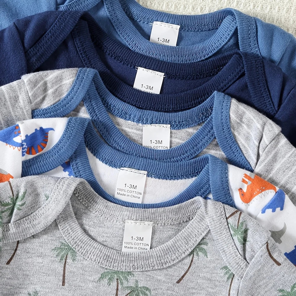 5pcs Baby Boy Rompers, Short Bodysuits with Dinosaur Pattern, Soft And Breathable Casual Infant Wear, Newborn Hospital Essentials up to 12 months, for layering to keep baby warm as the weather changes.
