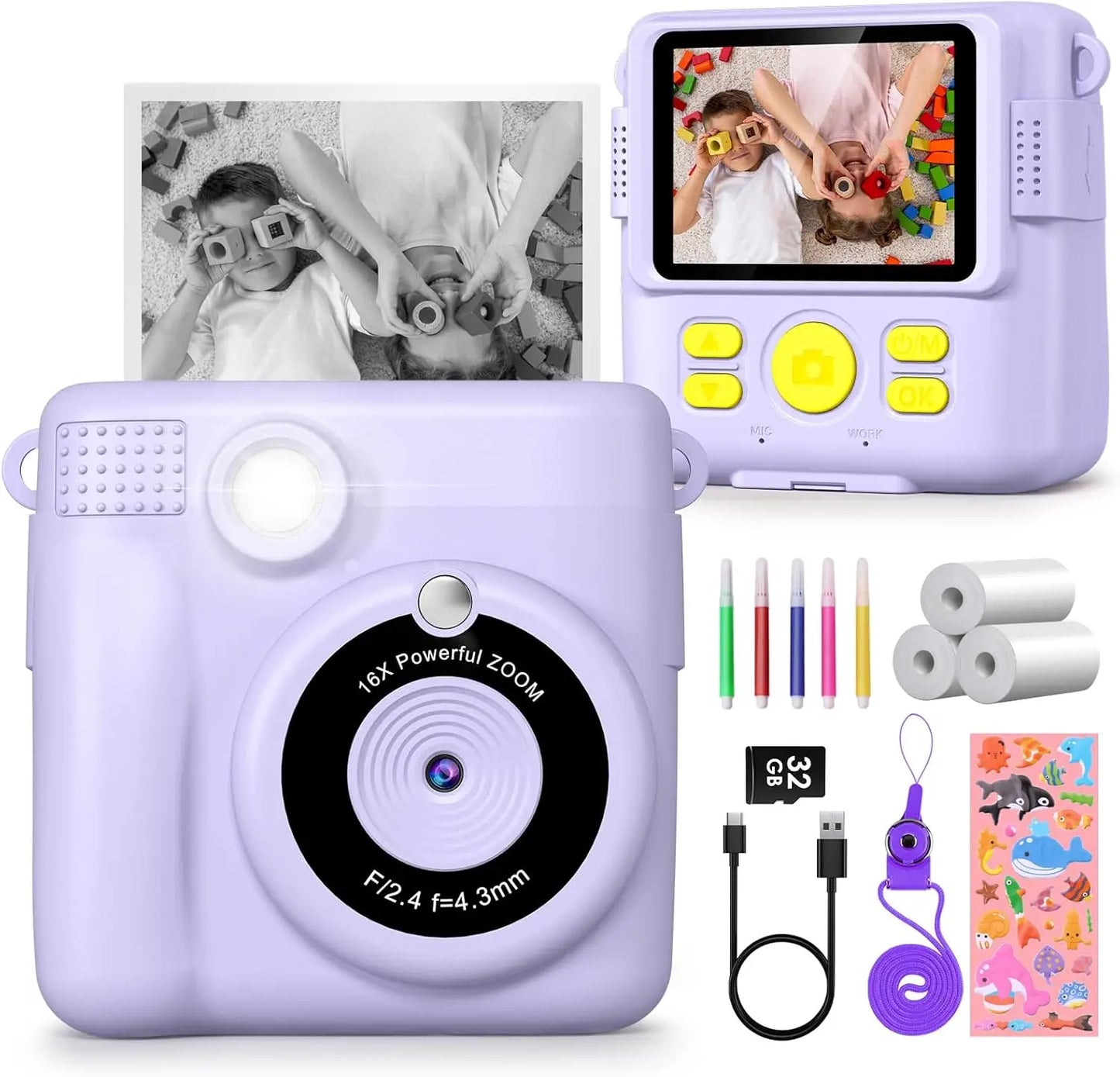 Kids Digital Camera 1080P HD Instant Print Camera with 32GB Card Gift For Boys - Girls 5-12