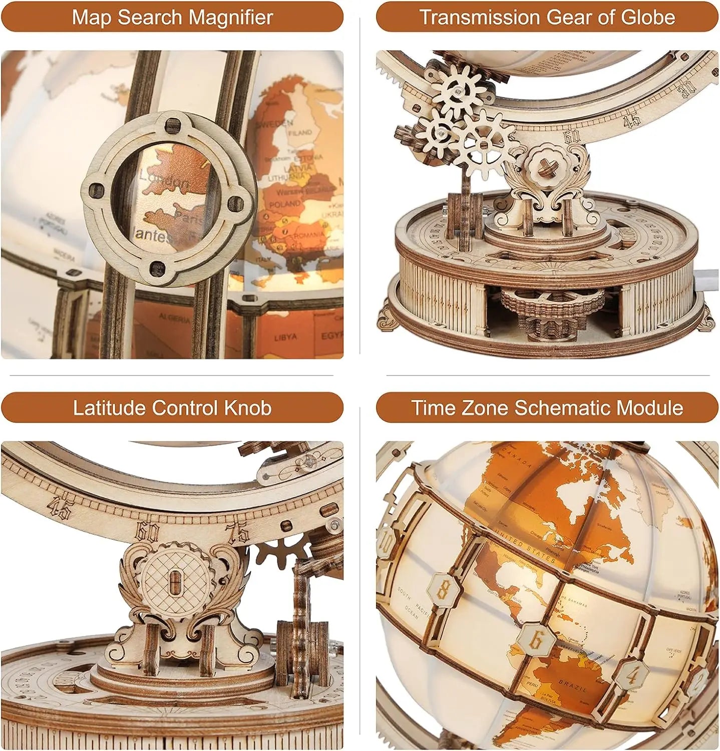 3D Wooden Puzzle Luminous Globe Model Kit with LED Light, Rotating Wooden Construction Kit for family time and educational learning.
