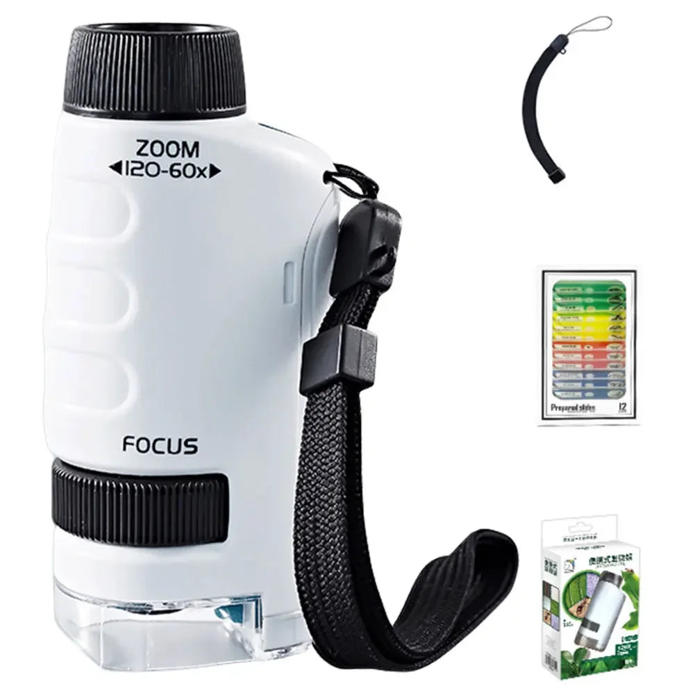 Handheld Microscope Kit With LED Light For Learning in the Great Outdoors, uses batteries for best hands-on discovery