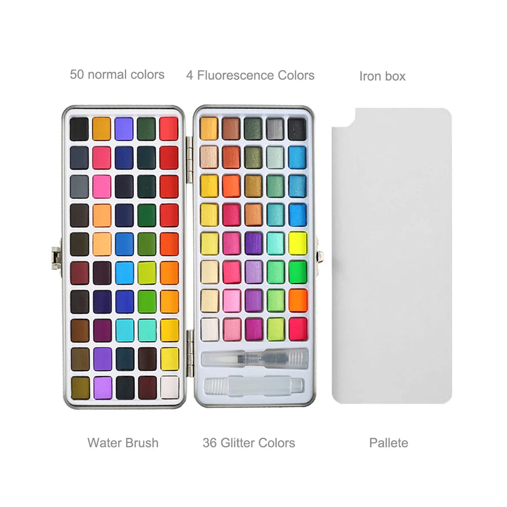 90 Color Watercolor Paint Set with Glitter, Portable Metal Case and squirrel hair brush, for creative learning and painting.