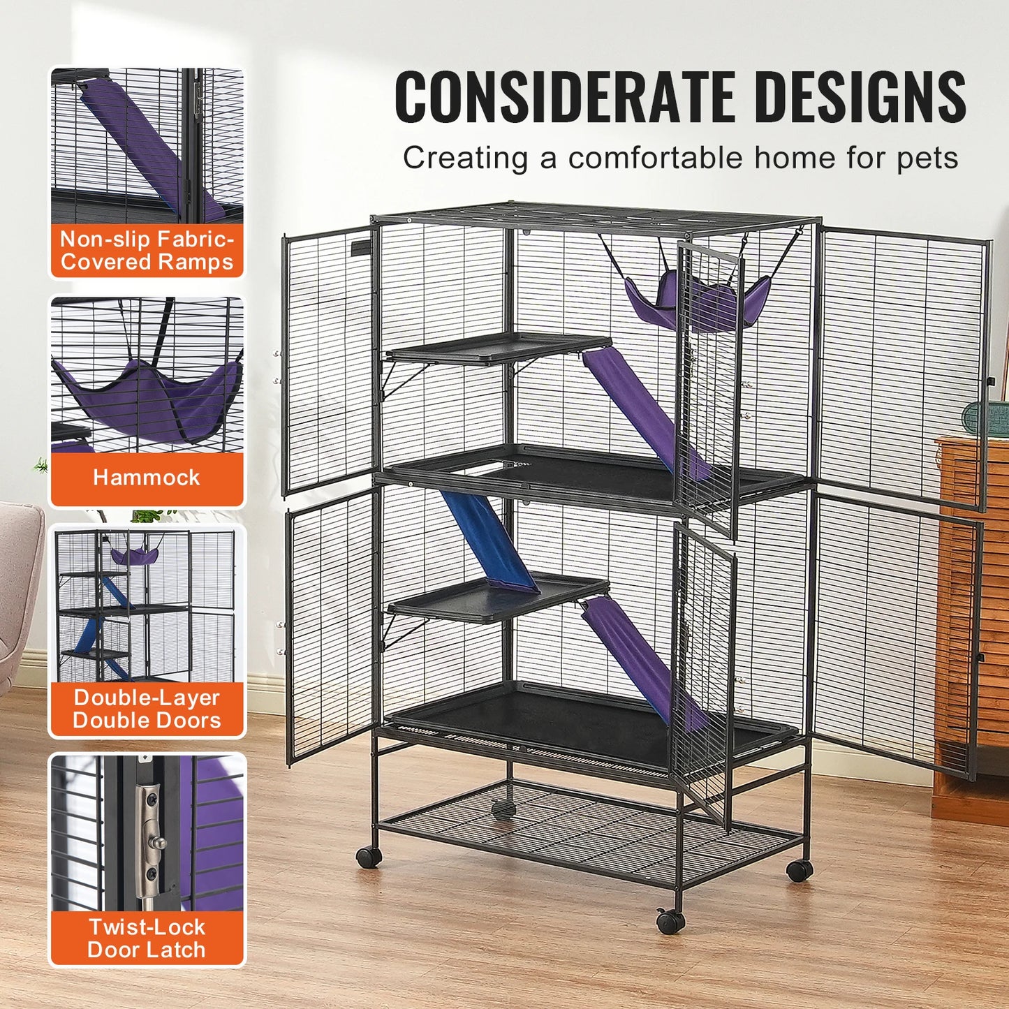 64.6" Rolling Metal Ferret Cage with 4-Tiers- Small Animal Cage for Pet Chinchillas, Guinea Pigs, Sugar Gliders
