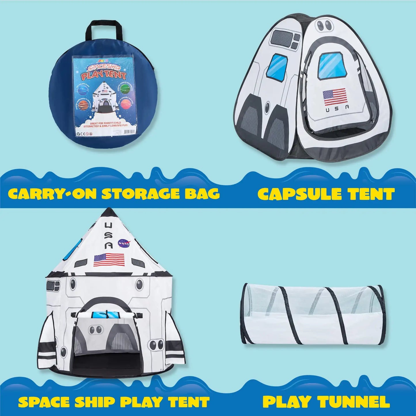 Rocket Ship Play Tents, Pop up Play house with Tunnel, 3-Piece Play Tent for Kids Pretending a Rocket Ship Adventure. Makes great gift for Kinders who enjoy Pretending!