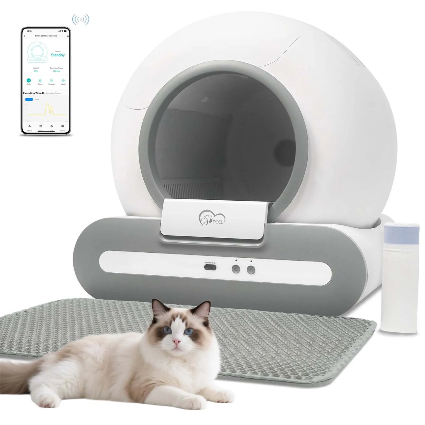 Self-Cleaning Cat Litter Box, App Control, ONLY Supports 2.4G WiFi w/Litter Mat & Trash Bags, keeping your Home Fresh Smelling.