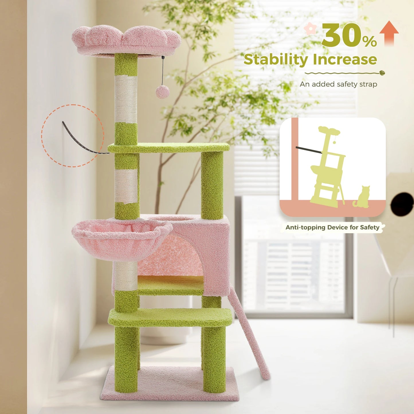 Colorful Cat Tree Tower With Sisal Posts And Perches and cute flower rooftop