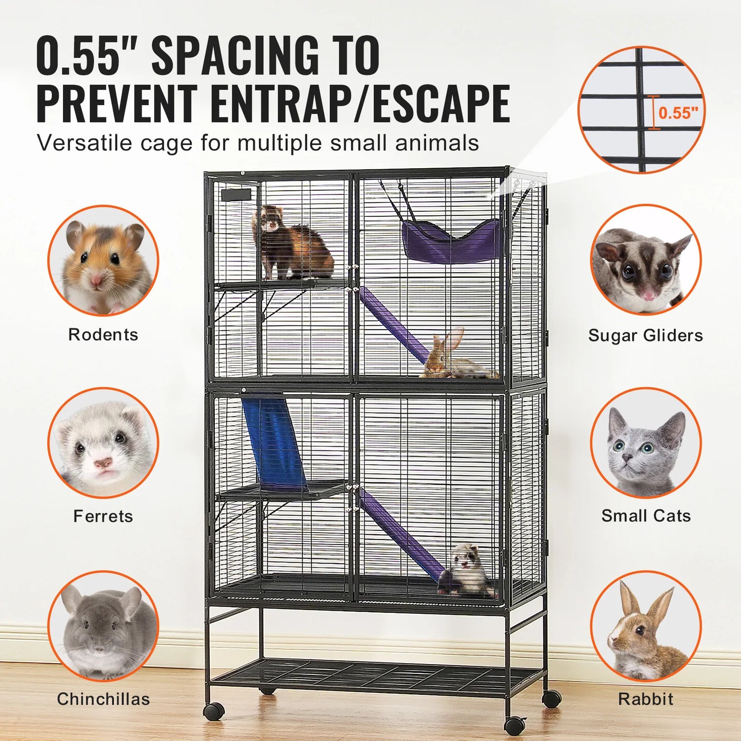 64.6" Rolling Metal Ferret Cage with 4-Tiers- Small Animal Cage for Pet Chinchillas, Guinea Pigs, Sugar Gliders