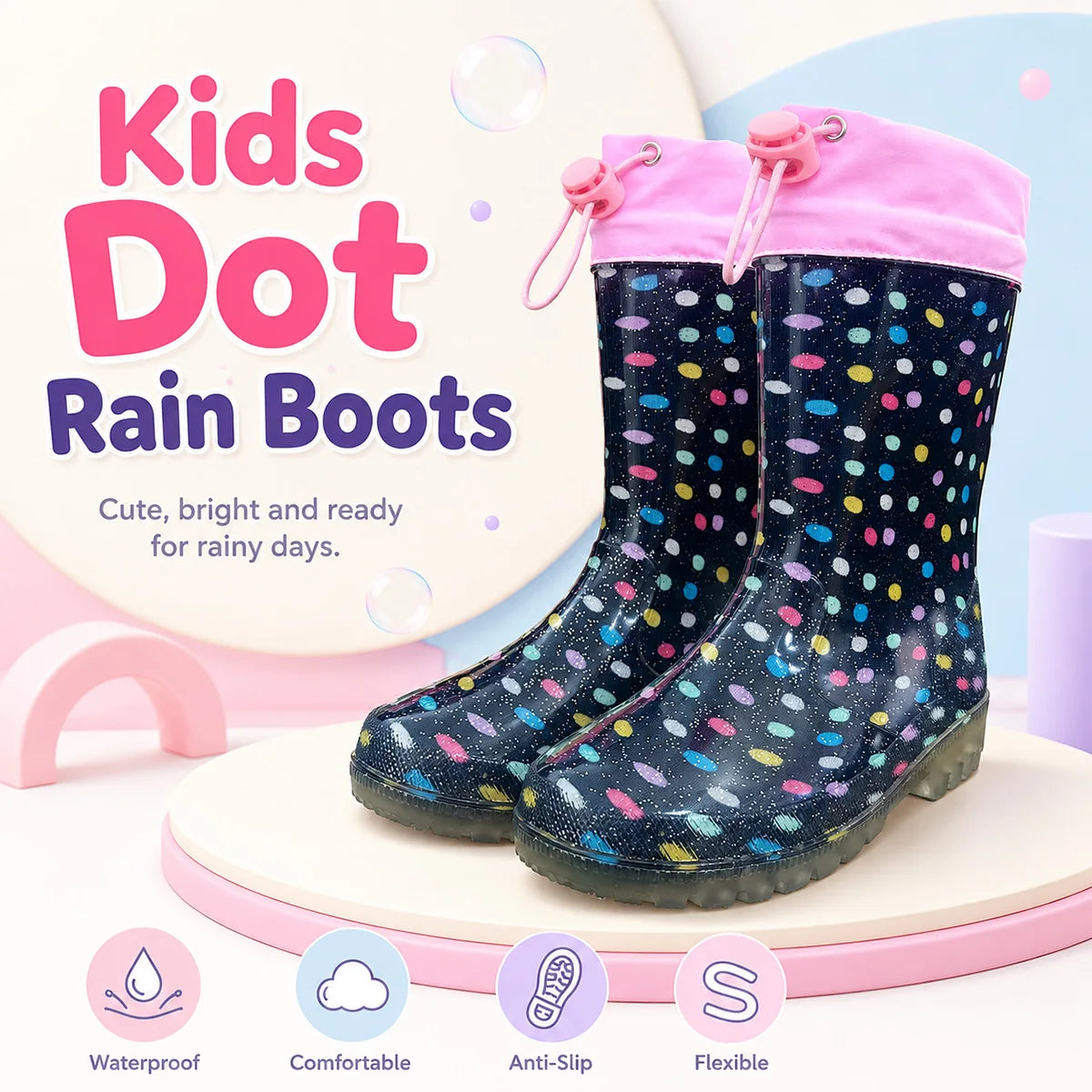Polka Dot Glitter Kids Rain Boots Non Slip Waterproof Wellies