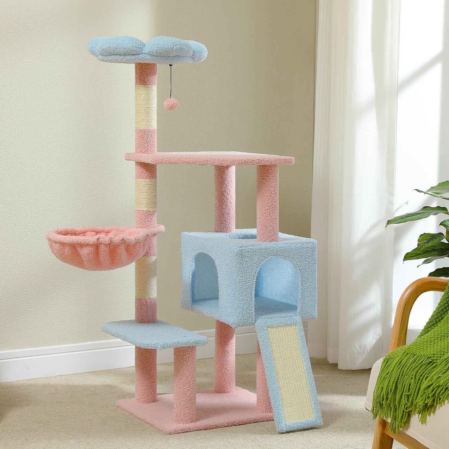 Colorful Cat Tree Tower With Sisal Posts And Perches and cute flower rooftop