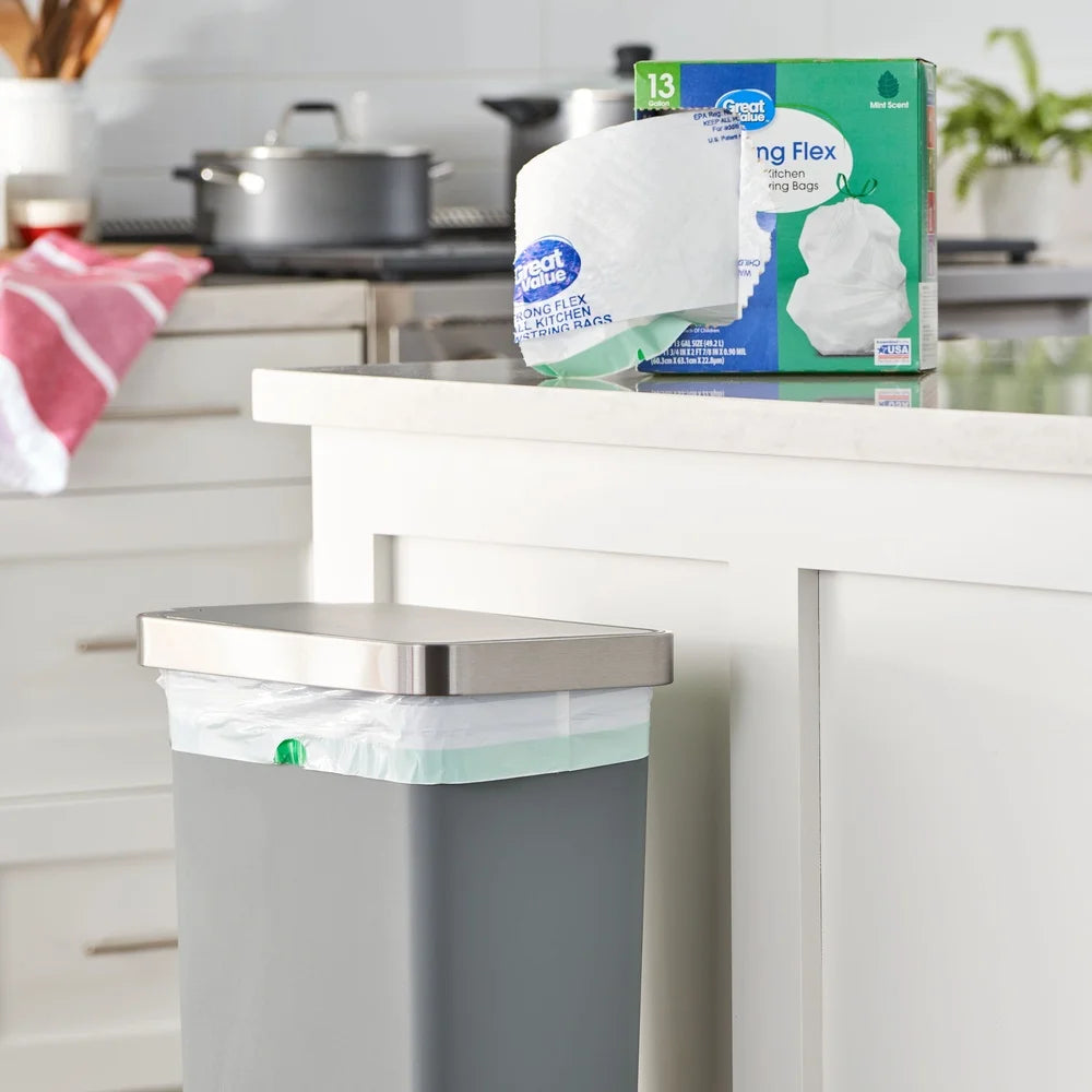 Strong Flex Kitchen Drawstring Trash Bags With Leak Protection For Busy Homes