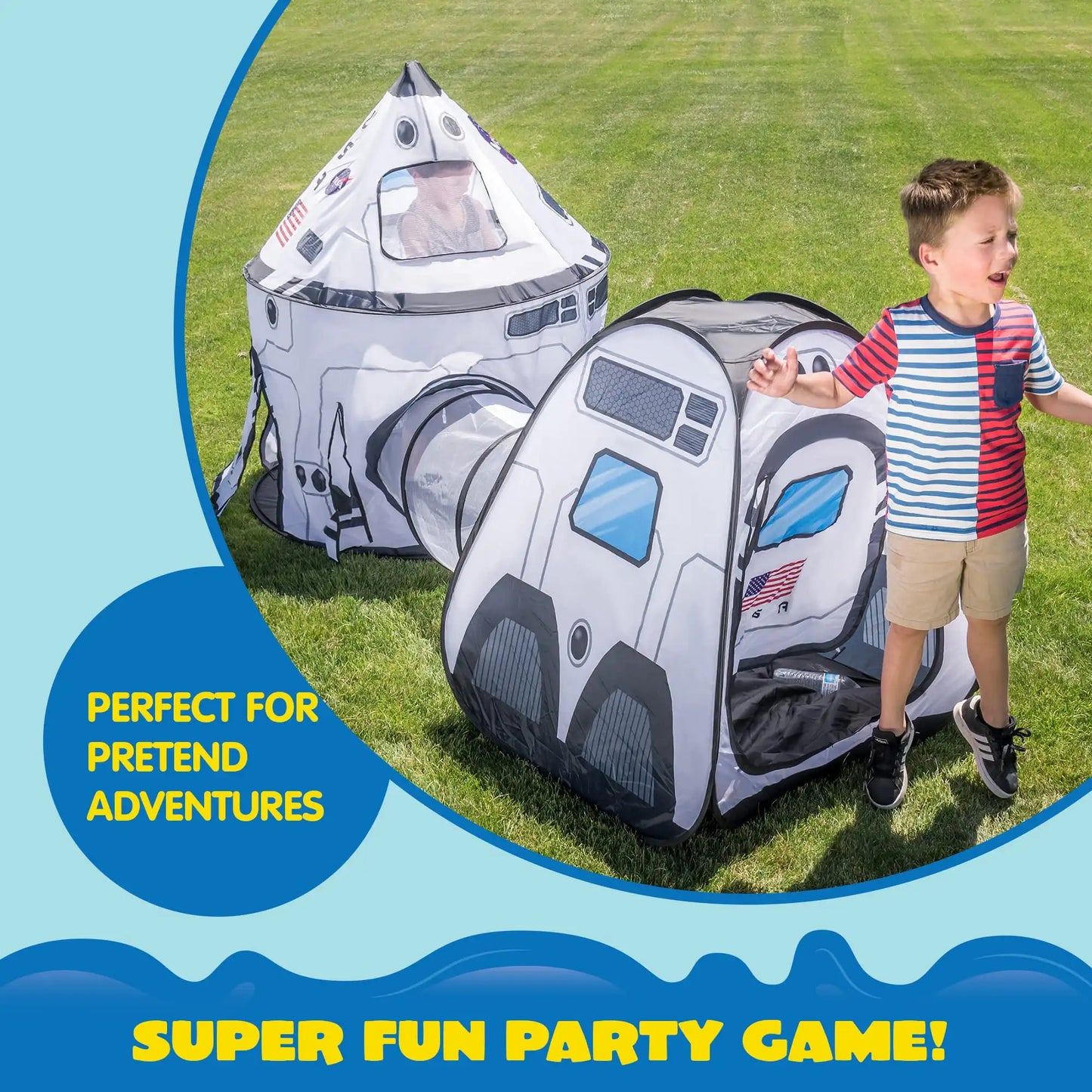 Rocket Ship Play Tents, Pop up Play house with Tunnel, 3-Piece Play Tent for Kids Pretending a Rocket Ship Adventure. Makes great gift for Kinders who enjoy Pretending!