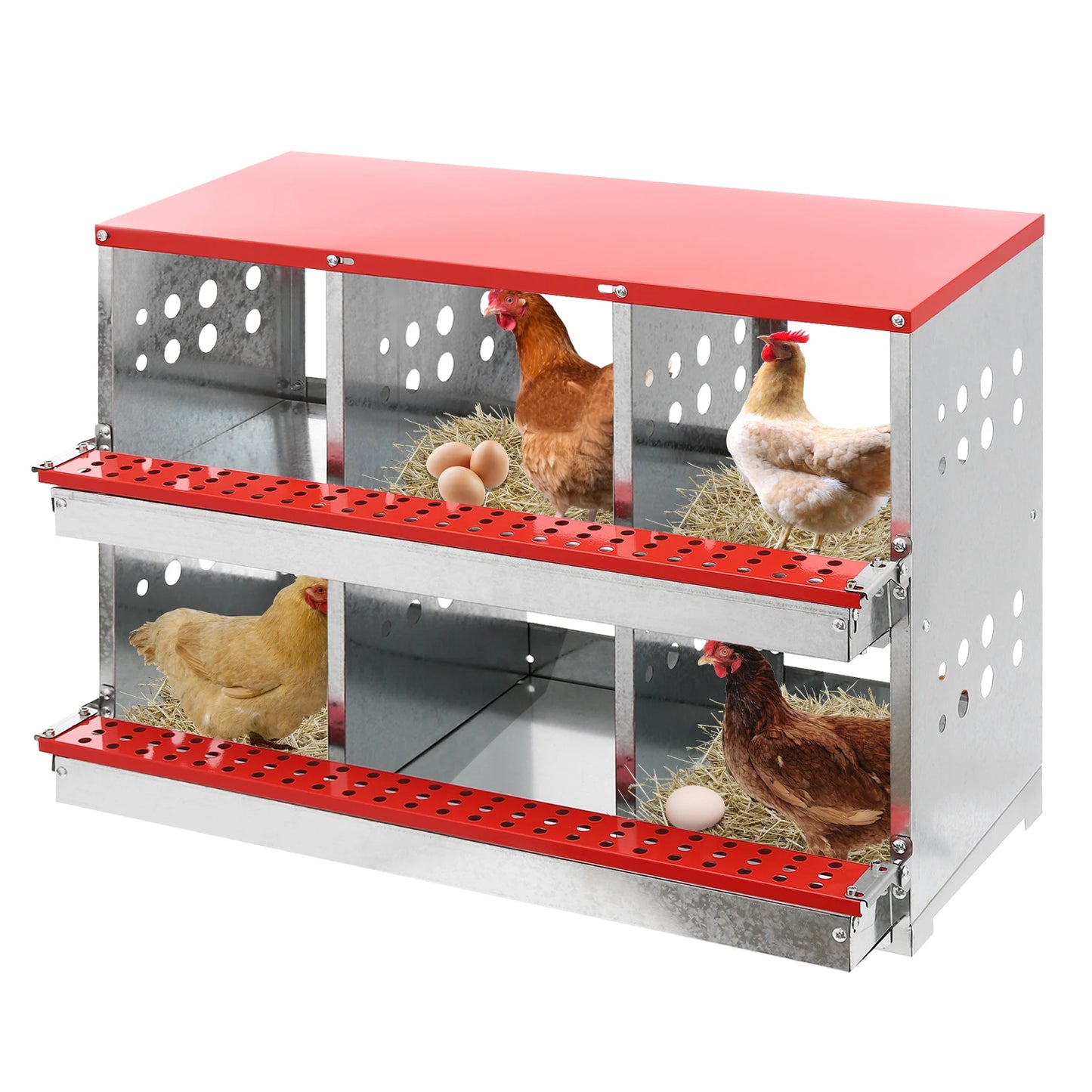 Two Tier Metal Chicken Nesting Boxes Galvanized Steel Six Compartments