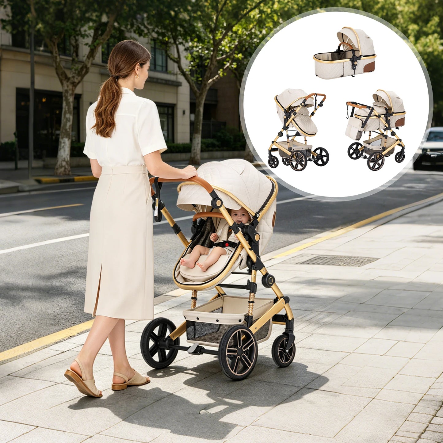 2 In 1 Baby Stroller Foldable Carriage With Reversible Bassinet