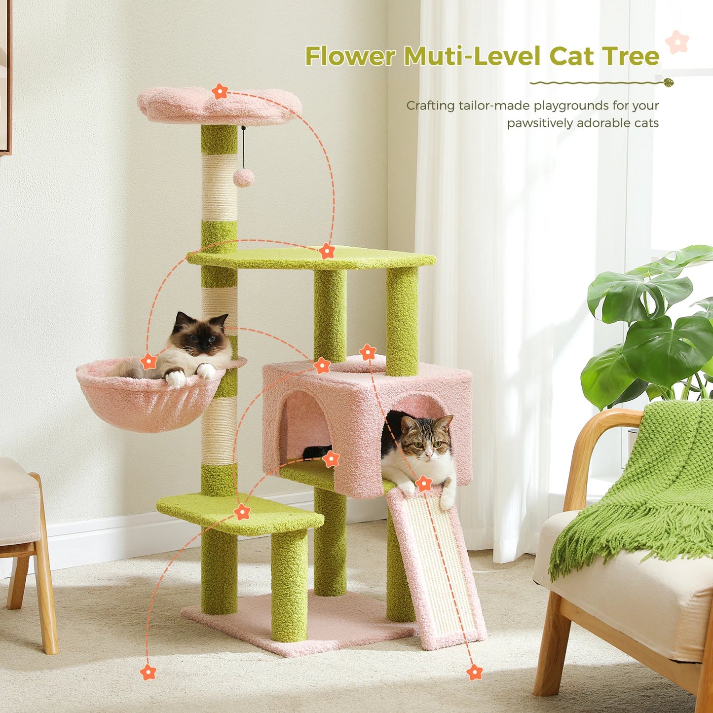 Colorful Cat Tree Tower With Sisal Posts And Perches and cute flower rooftop