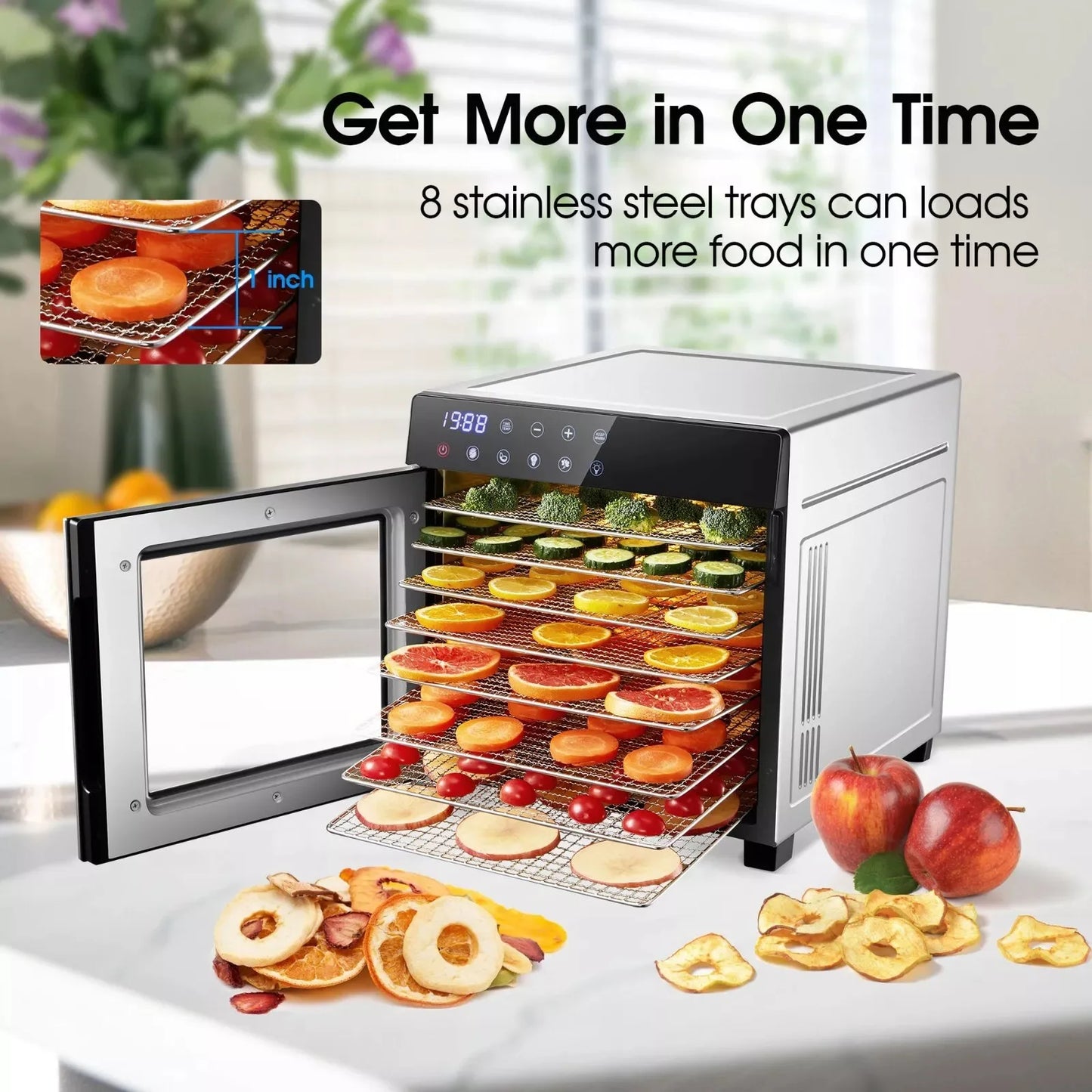 8-Tray Stainless Steel, 600W Dehydrator with 4 Presets & Digital Timer- for Jerky, Fruit, Herbs  and natural Pet Food Making. Dishwasher Safe, BPA Free Food Dehydrator