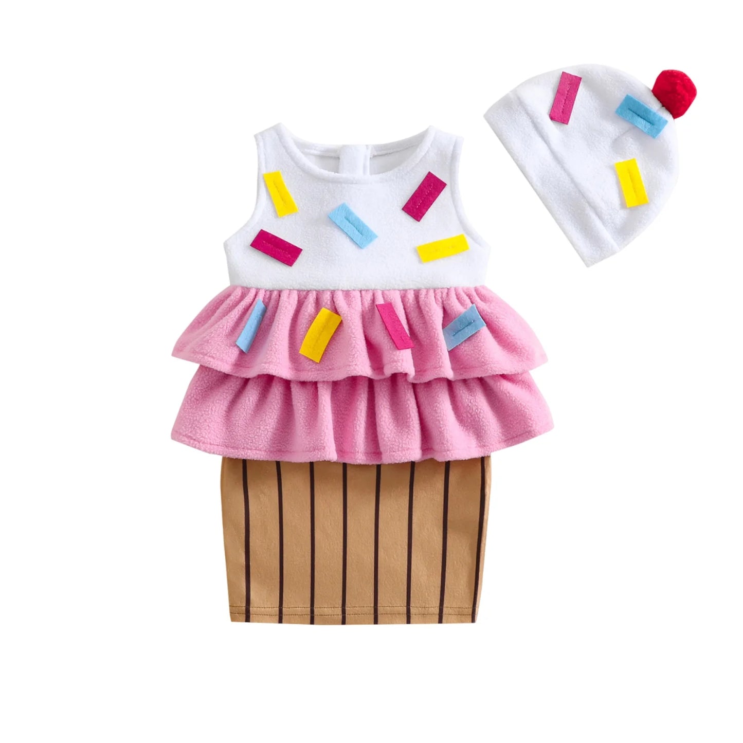Infant Sweet Treat Costume with Dress and Hat - Adorable Ice Cream Cone Outfit for Playtime, Dress-Up Fun and Birthday Celebrations.
