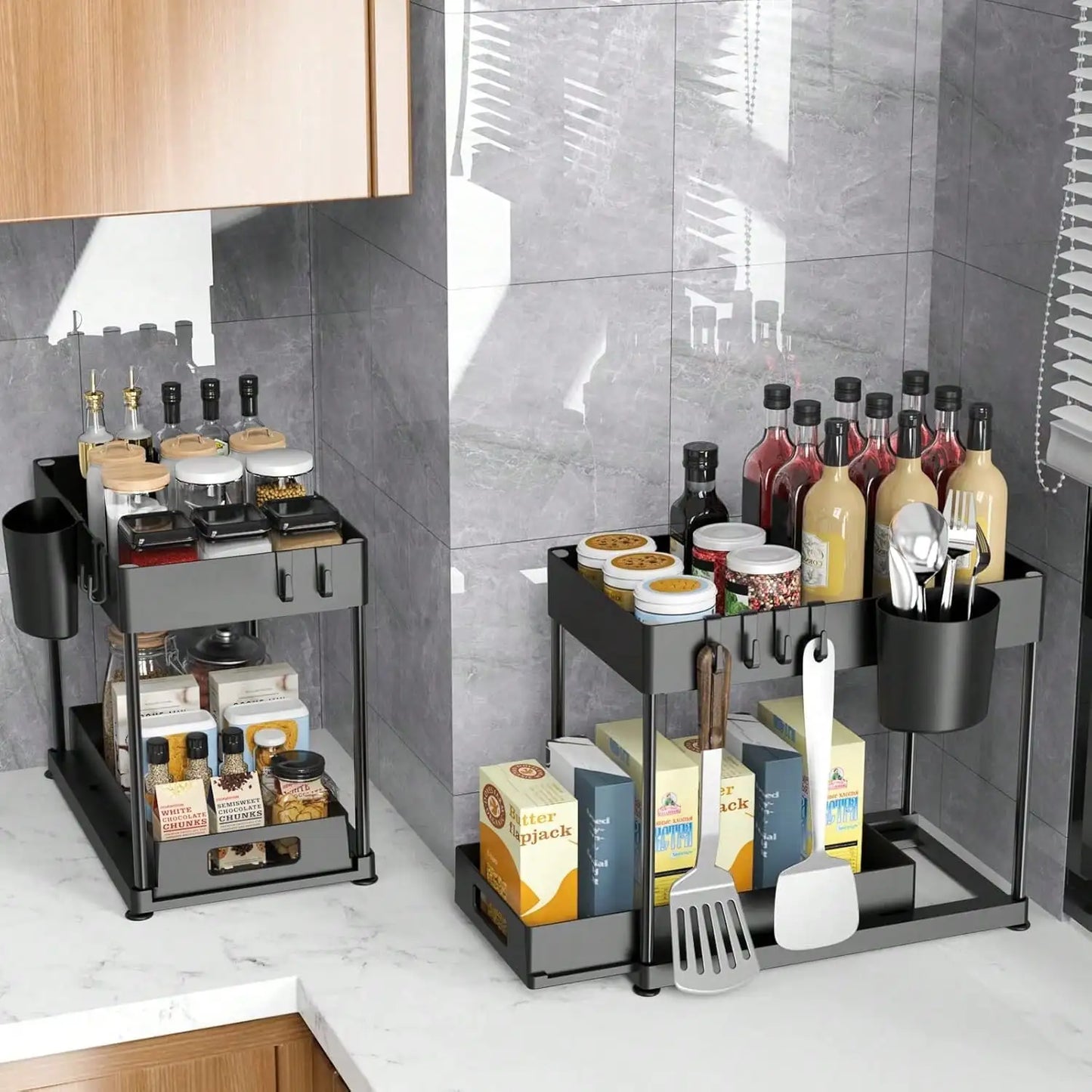 2 Tier Under Sink Organizer and Storage, Large Capacity, Heavy Load Pull-Out Under Sink Shelves with Sliding Drawer for Kitchen And Bathroom keeping order in tight spaces.