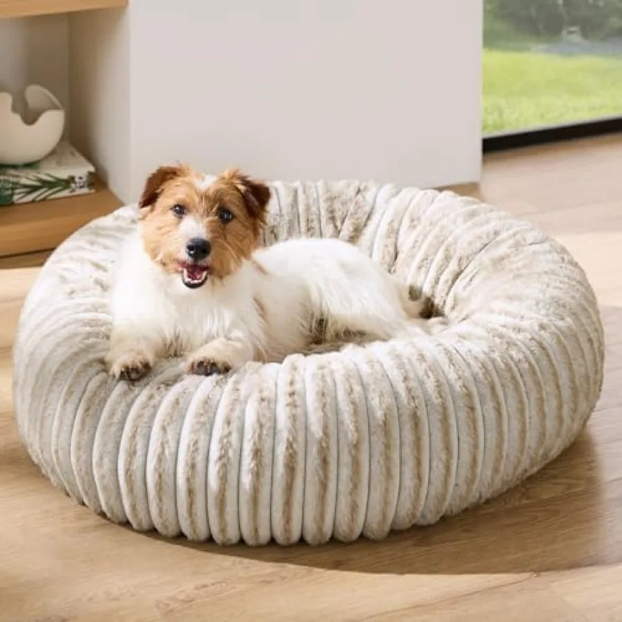 Medium Plush Dog Bed - Washable Faux Fur with Corduroy Fleece and Anti Slip Bottom, Pet Bed with Removable Cover
